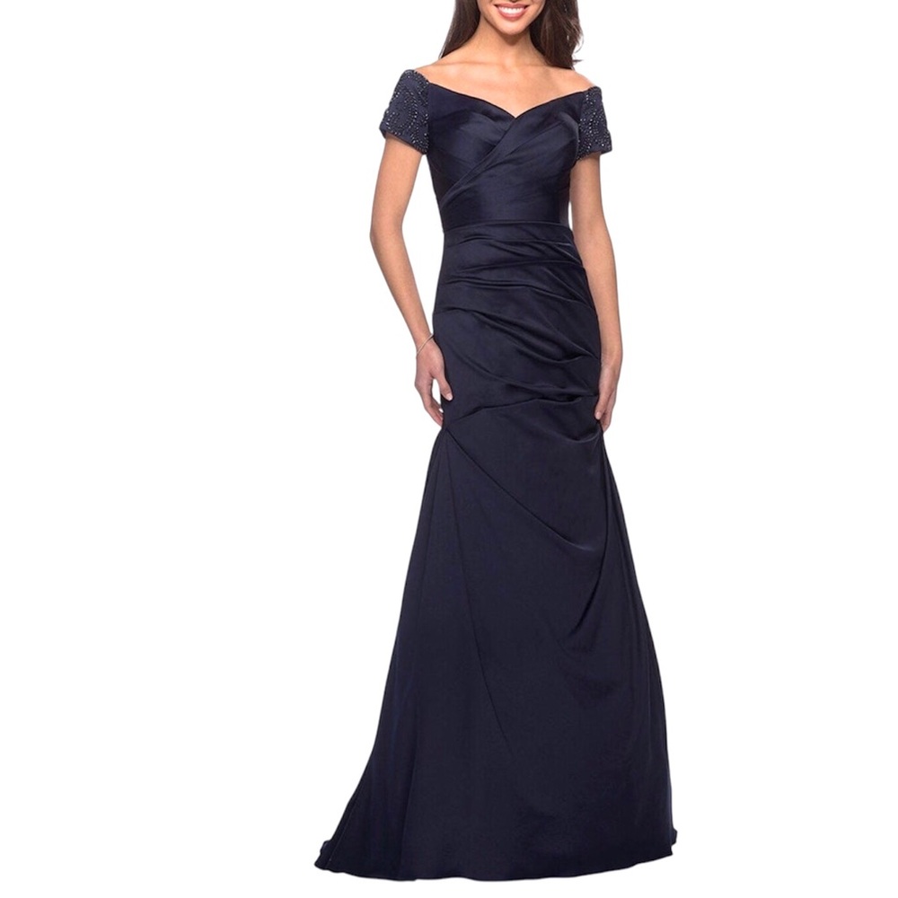 La Femme Navy Off-Shoulder Beaded Sleeve Maxi Dress
